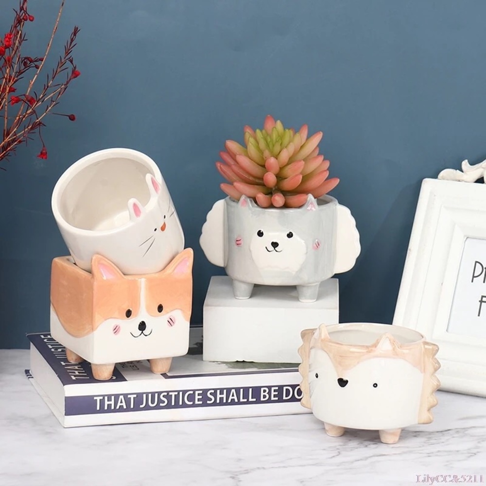 Succulent pot plant rabbit shiba ceramic garden home decor cute animal cartoon - Picture 8 of 9
